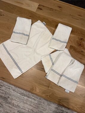 6 Restoration Hardware Cream Hand Towels with Grayish blue Stripe